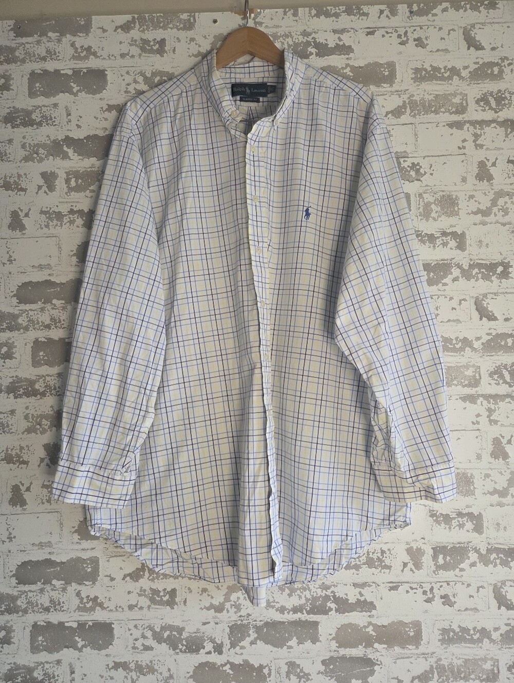 Ralph Lauren Mens Classic Fit Button Down Shirt 18 34/35 Yellow Blue Check (